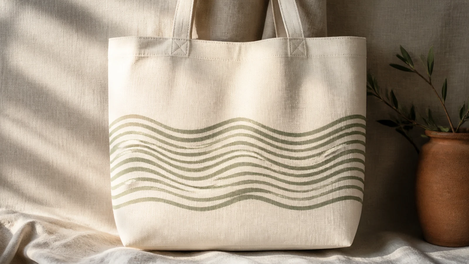 A cream canvas tote with a band of wavy combed lines in sage, made by dragging a fork through wet paint across the front.