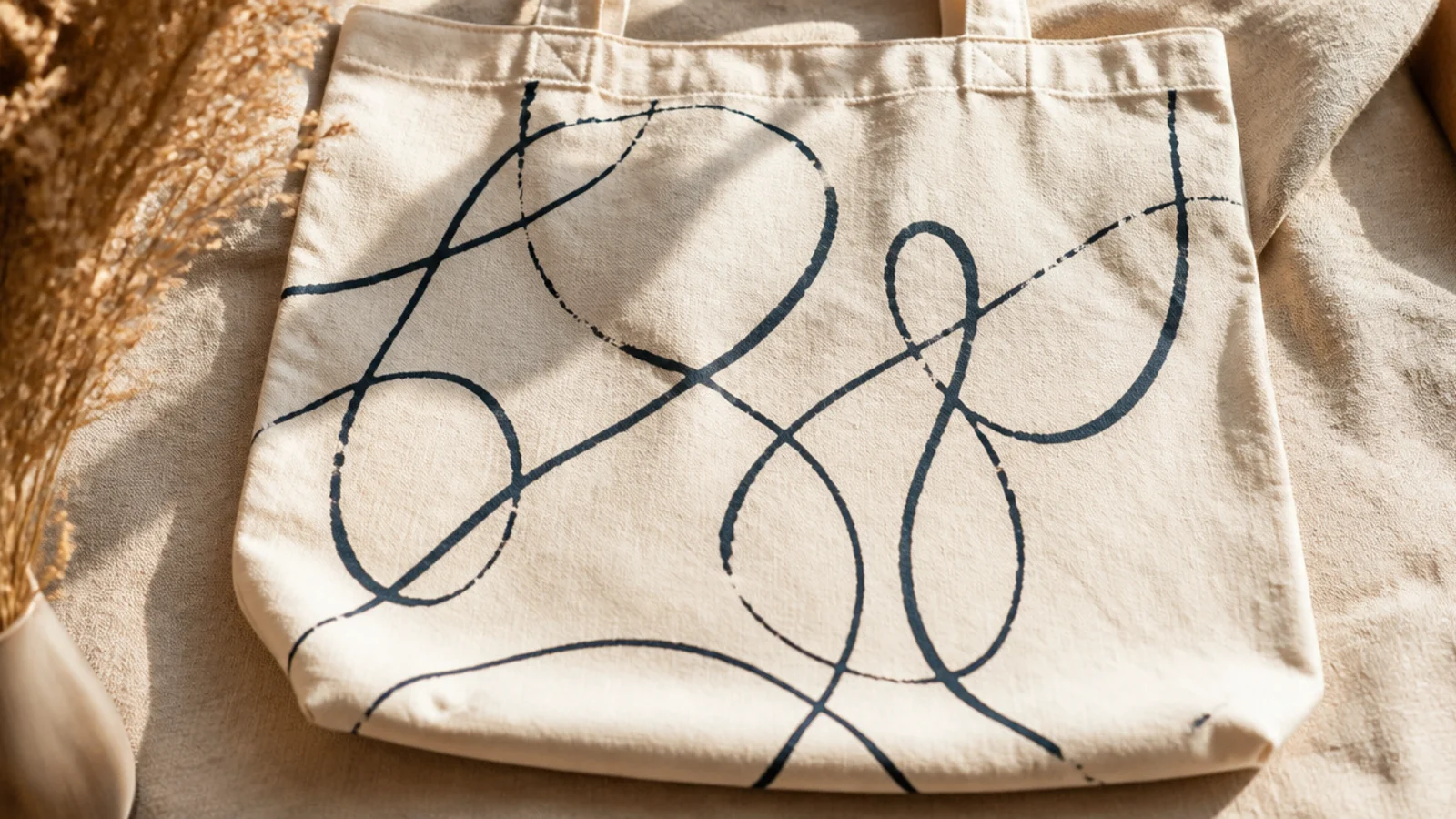 A cream canvas tote with an organic looping swirl printed in navy, made by pressing paint-dipped string onto the fabric.