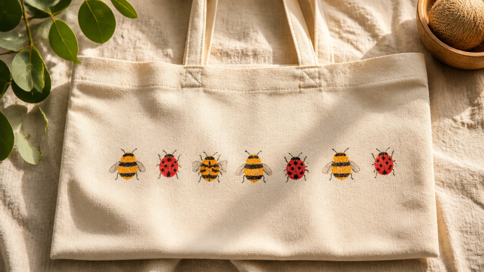 A cream canvas tote with a row of little thumbprint bumblebees and ladybugs, printed in ochre and red with tiny painted details.