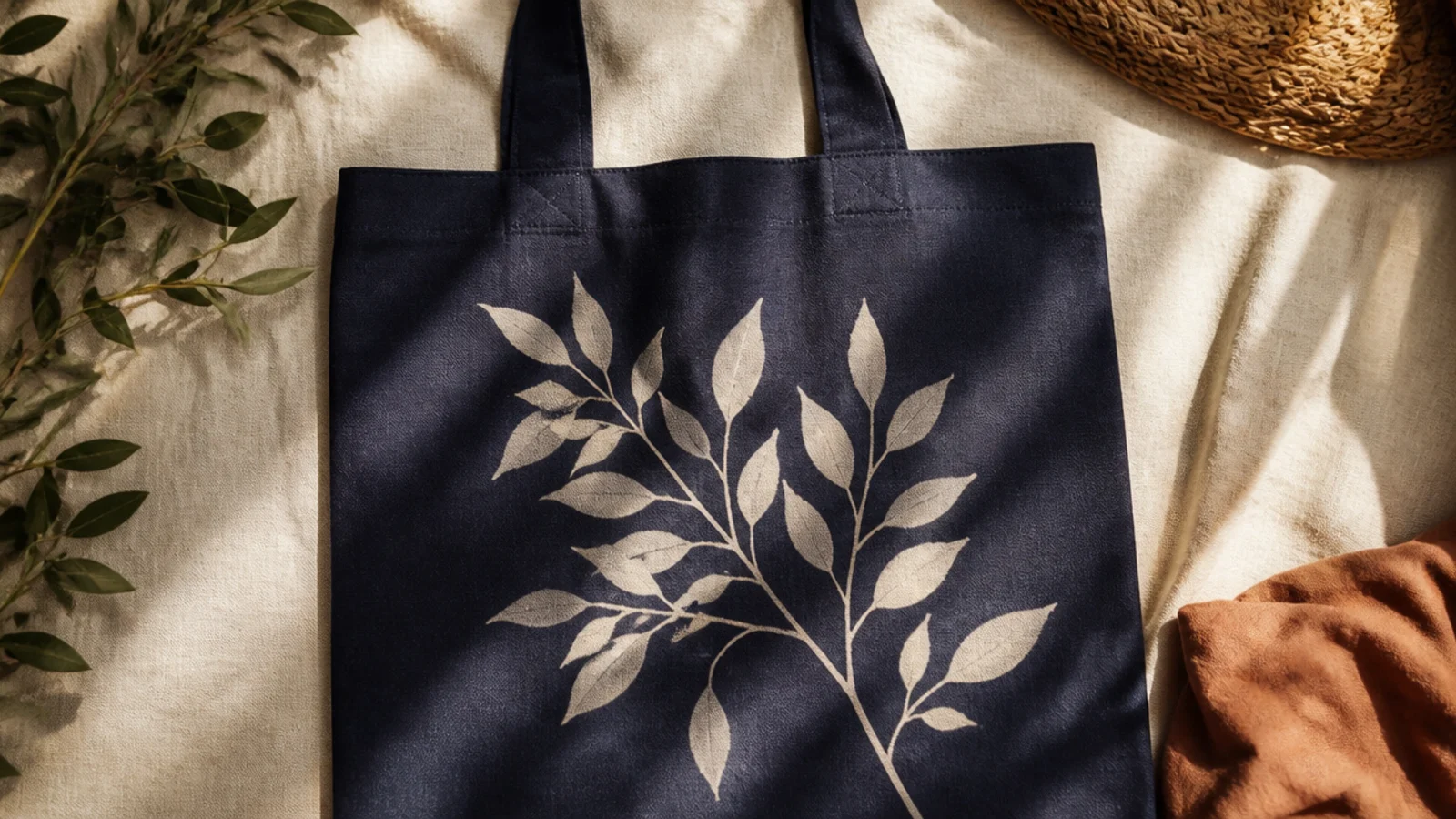 A dark navy canvas tote with a pale leafy branch design drawn in reverse, lightened out of the fabric with a bleach pen.