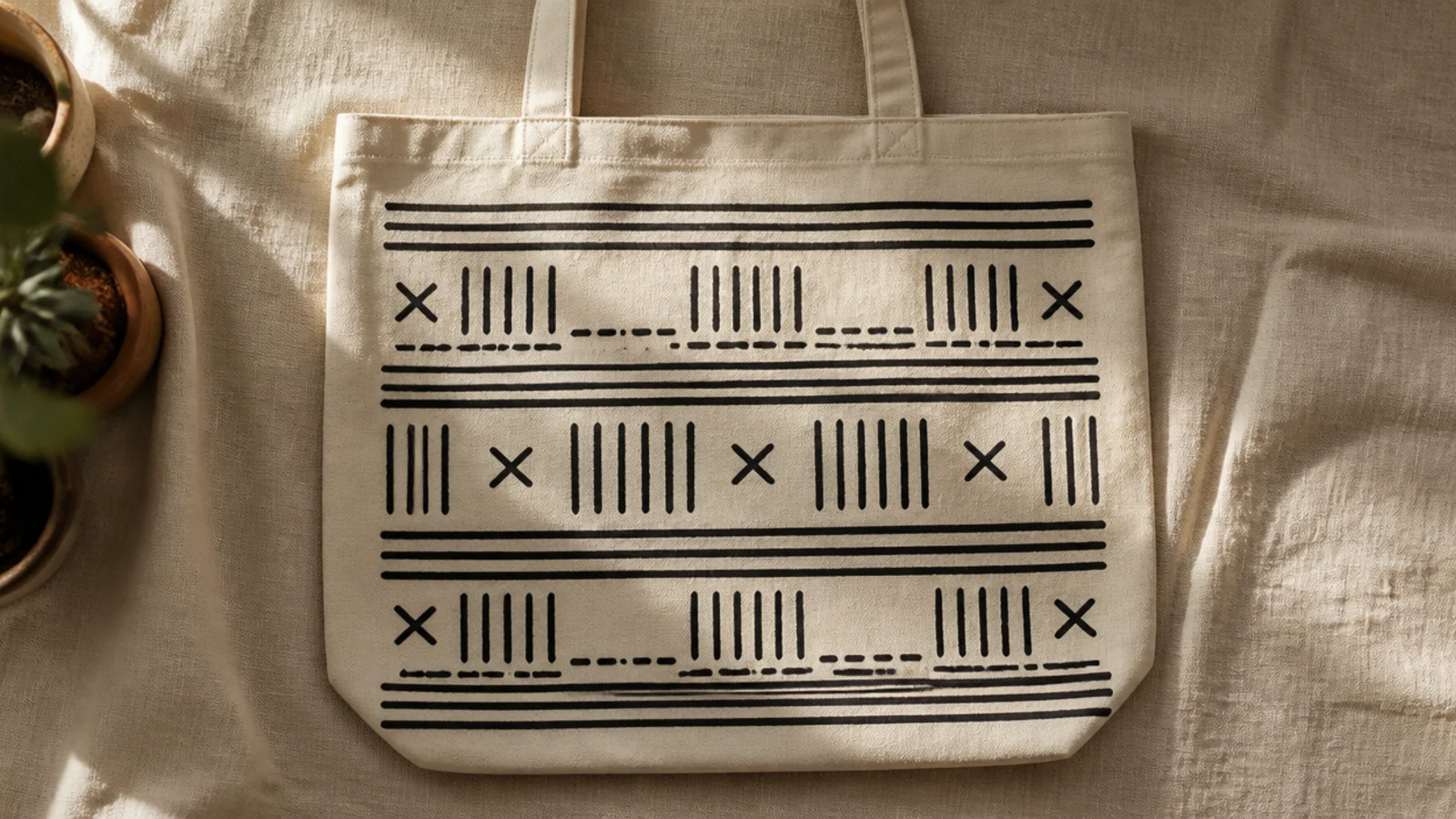 A cream canvas tote with a black mudcloth-inspired pattern of taped stripes, dashes, and small X marks across the front.