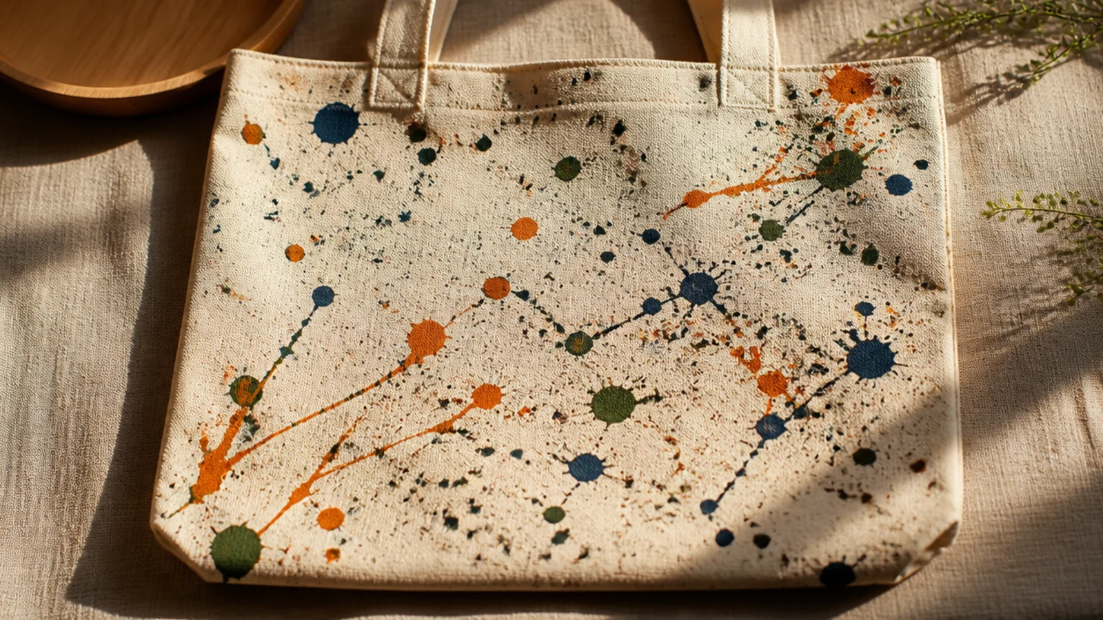 A cream canvas tote covered in energetic multi-color paint splatters in terracotta, sage, and navy flicked across the front.