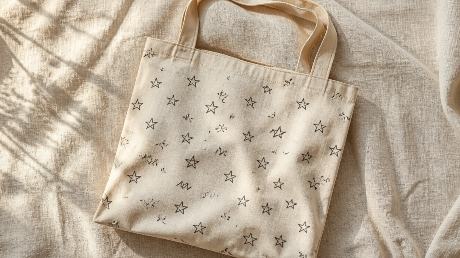 A cream canvas tote covered in a loose all-over doodle of small charcoal stars, squiggles, hearts, and dots drawn by hand.