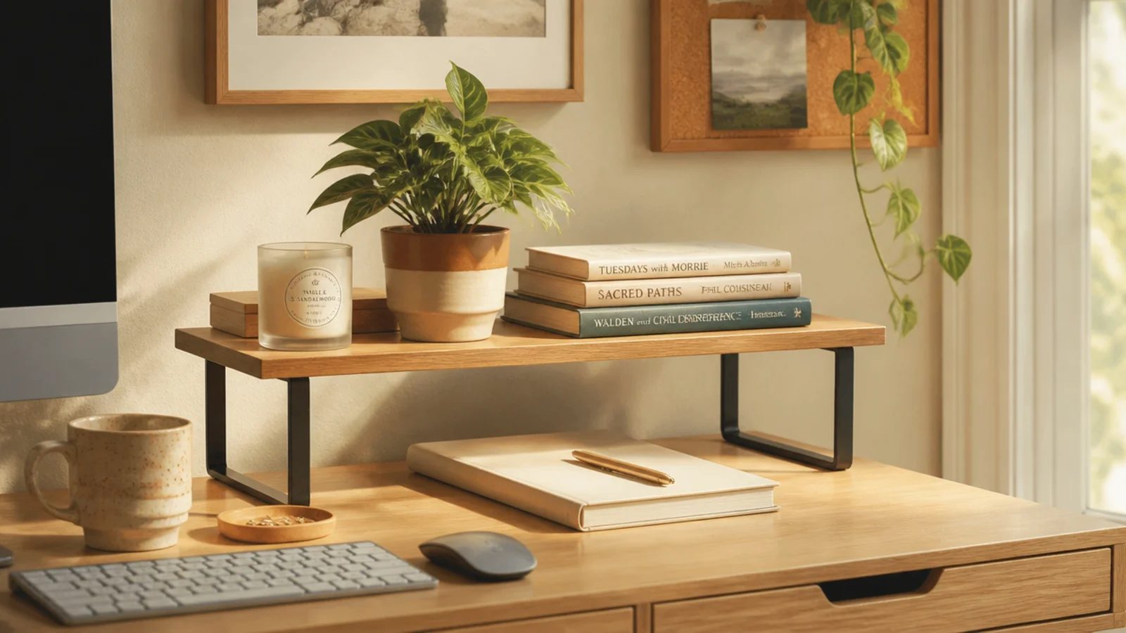 A small shelf riser sitting on a dorm desk, lifting books and a plant off the surface to add a second level.