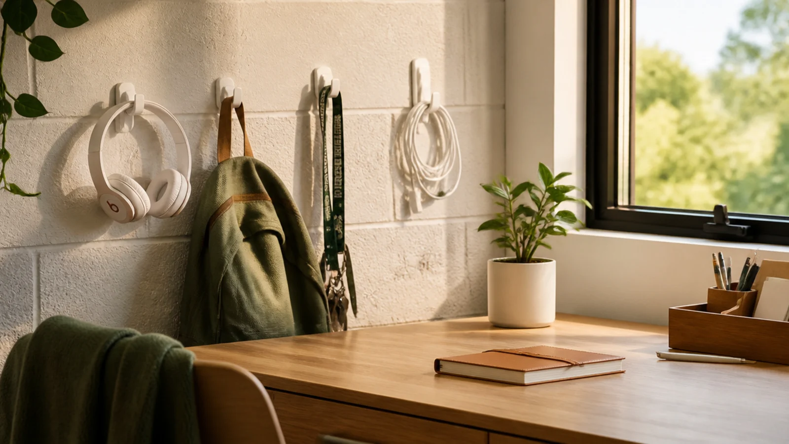 Several command hooks on the wall beside a dorm desk holding headphones, a bag, a lanyard, and cables.