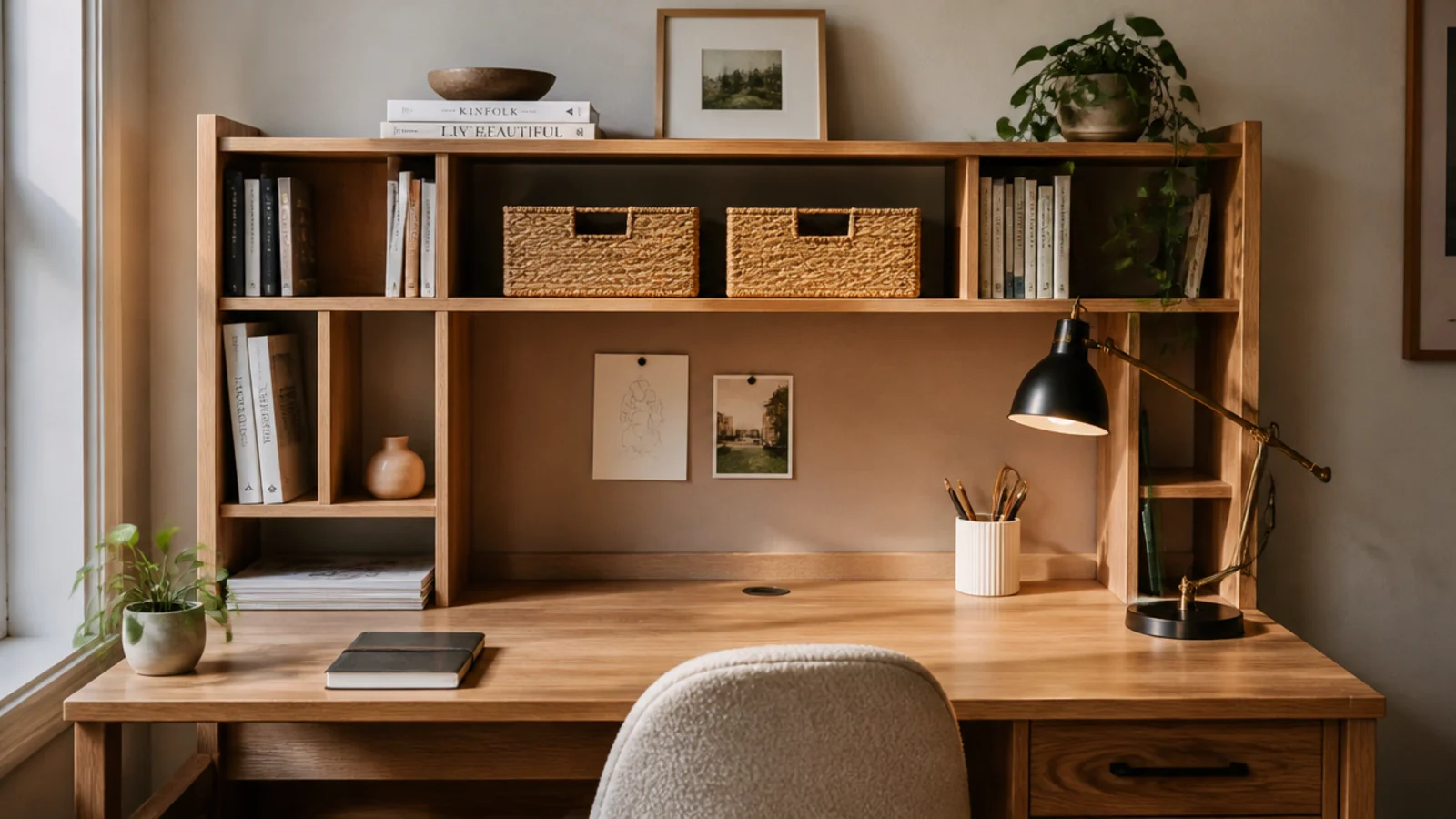 A freestanding hutch shelf standing on a dorm desk, framing the workspace with cubbies for books and bins.