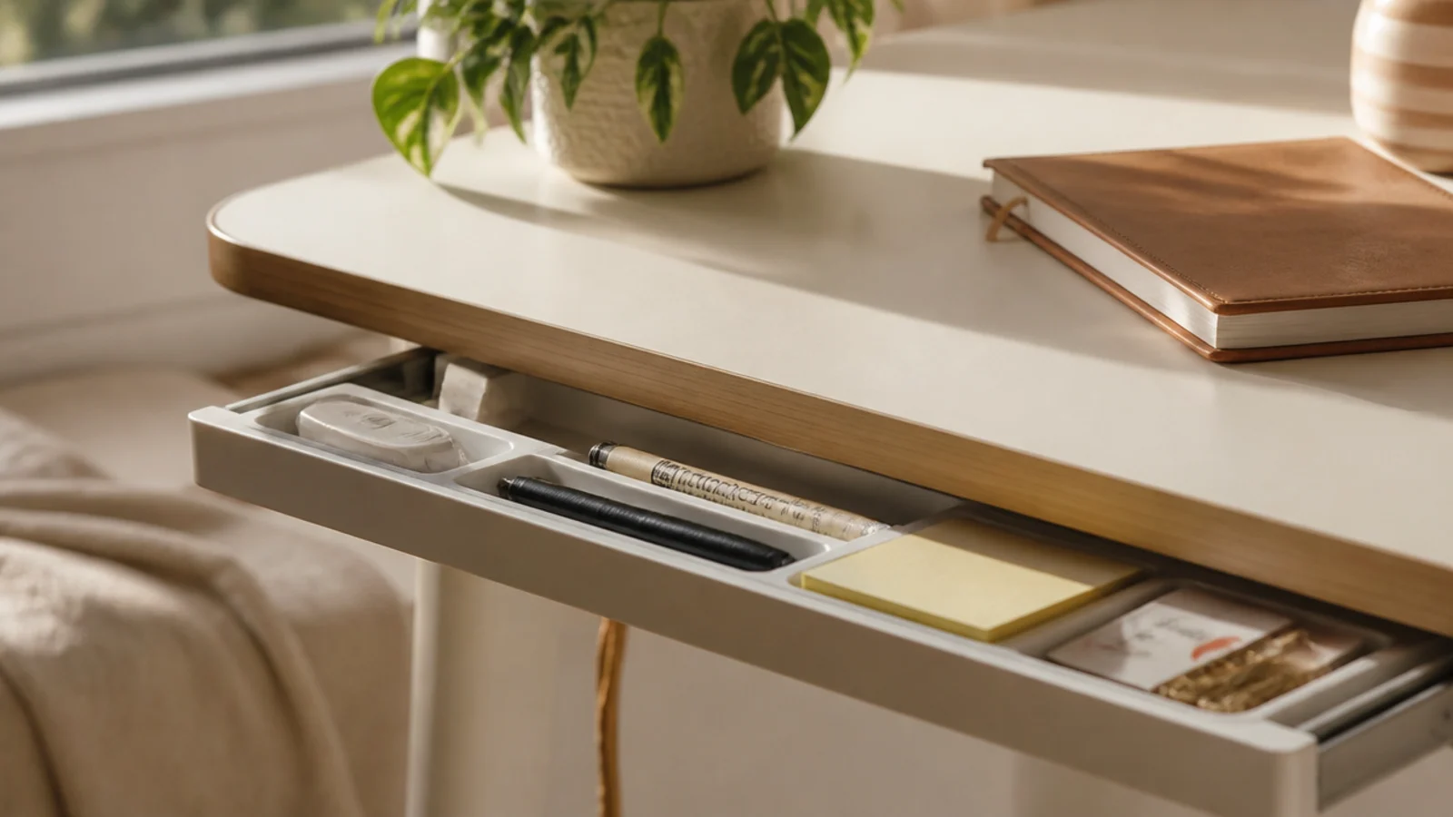 A slim drawer stuck under a dorm desktop, pulled open to show pens and small supplies hidden inside.