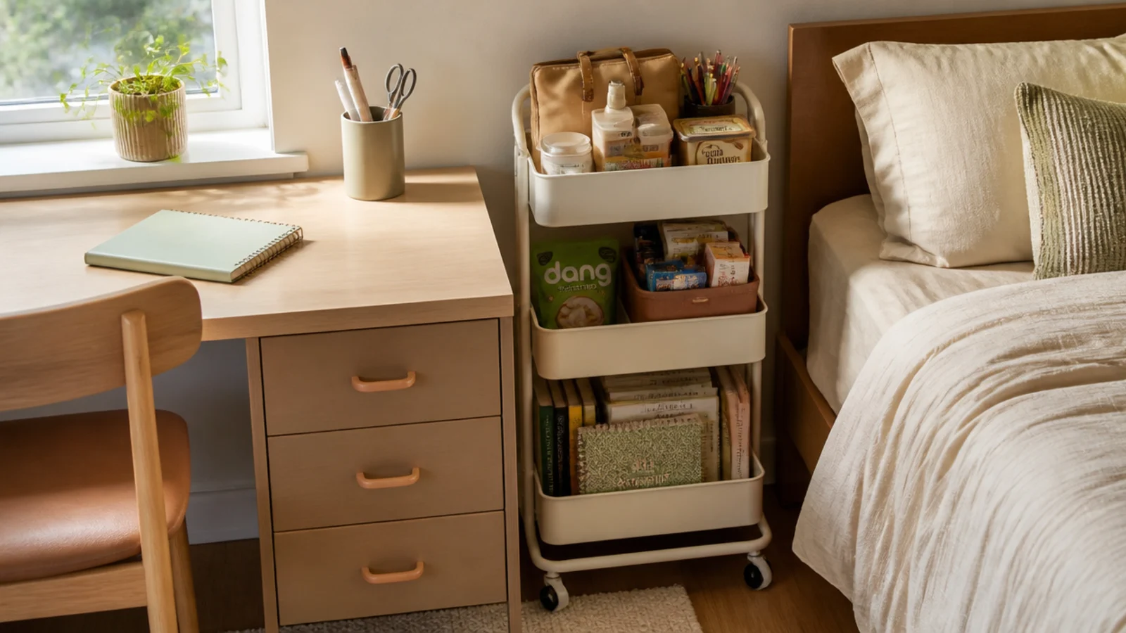 A slim three-tier rolling cart parked in the gap between a dorm desk and bed, holding supplies and snacks.