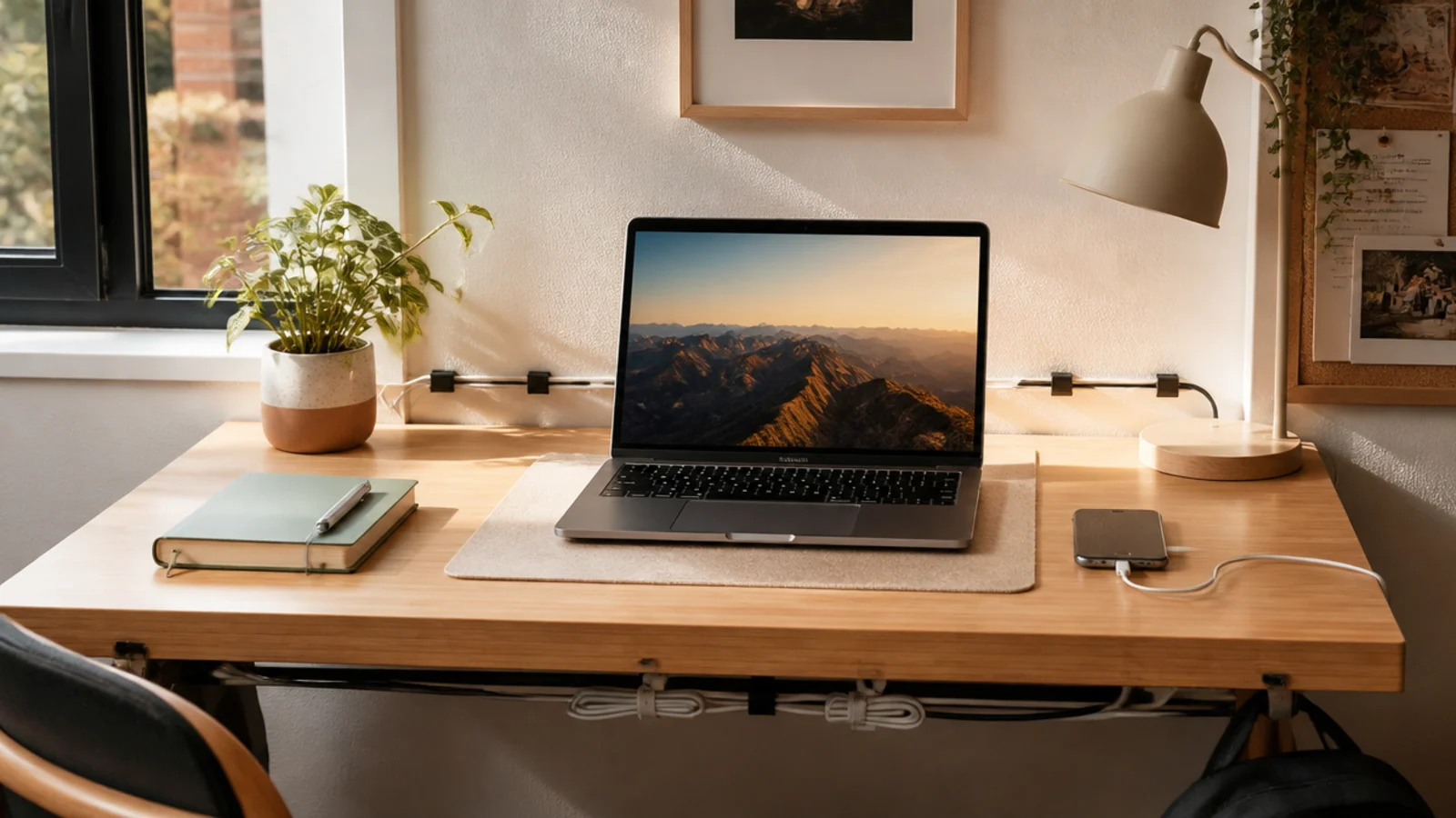 A dorm desk with laptop and phone charging cables clipped along the back edge and slack bundled underneath.