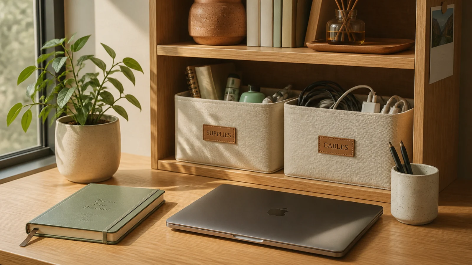 A couple of soft fabric bins on a dorm shelf holding supplies and cables behind a tidy front.