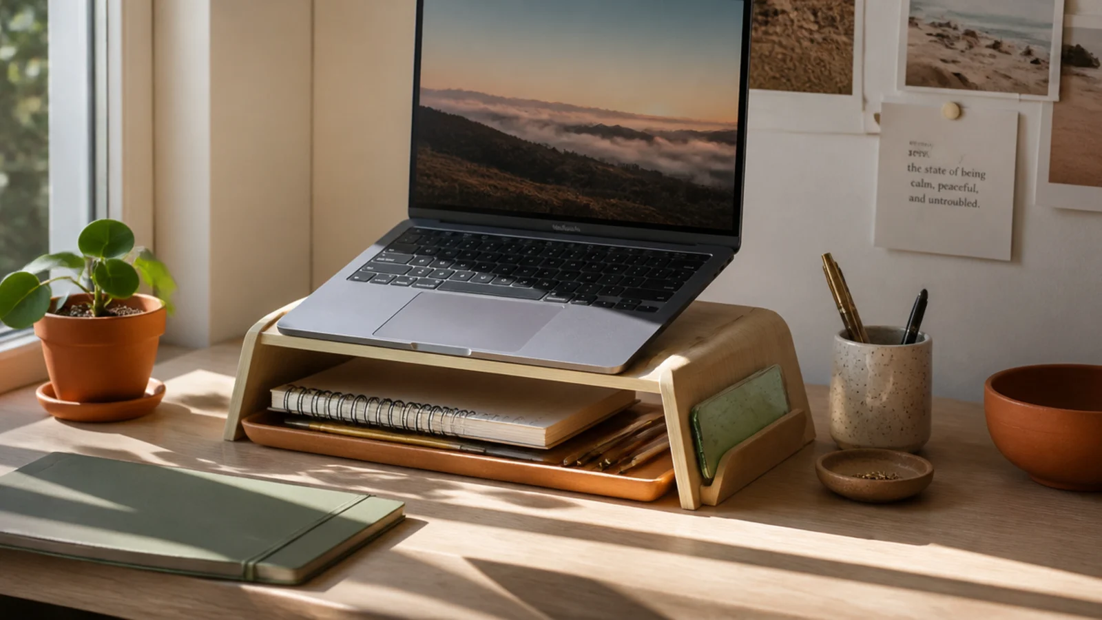 A laptop raised on a stand on a dorm desk, with a notebook and small tray tucked in the space beneath it.