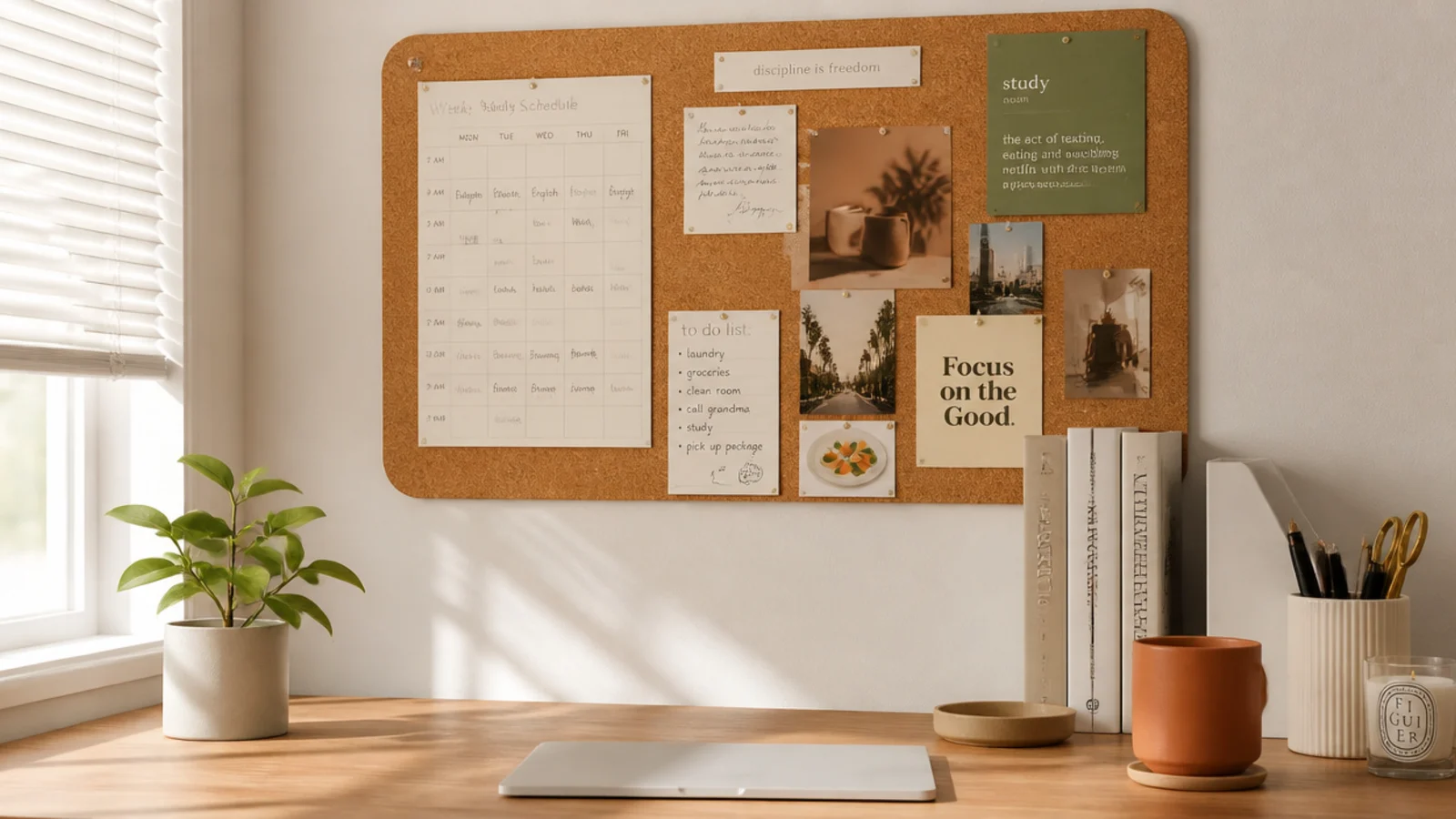 A corkboard stuck to the wall above a dorm desk with command strips, holding a schedule, photos, and notes.