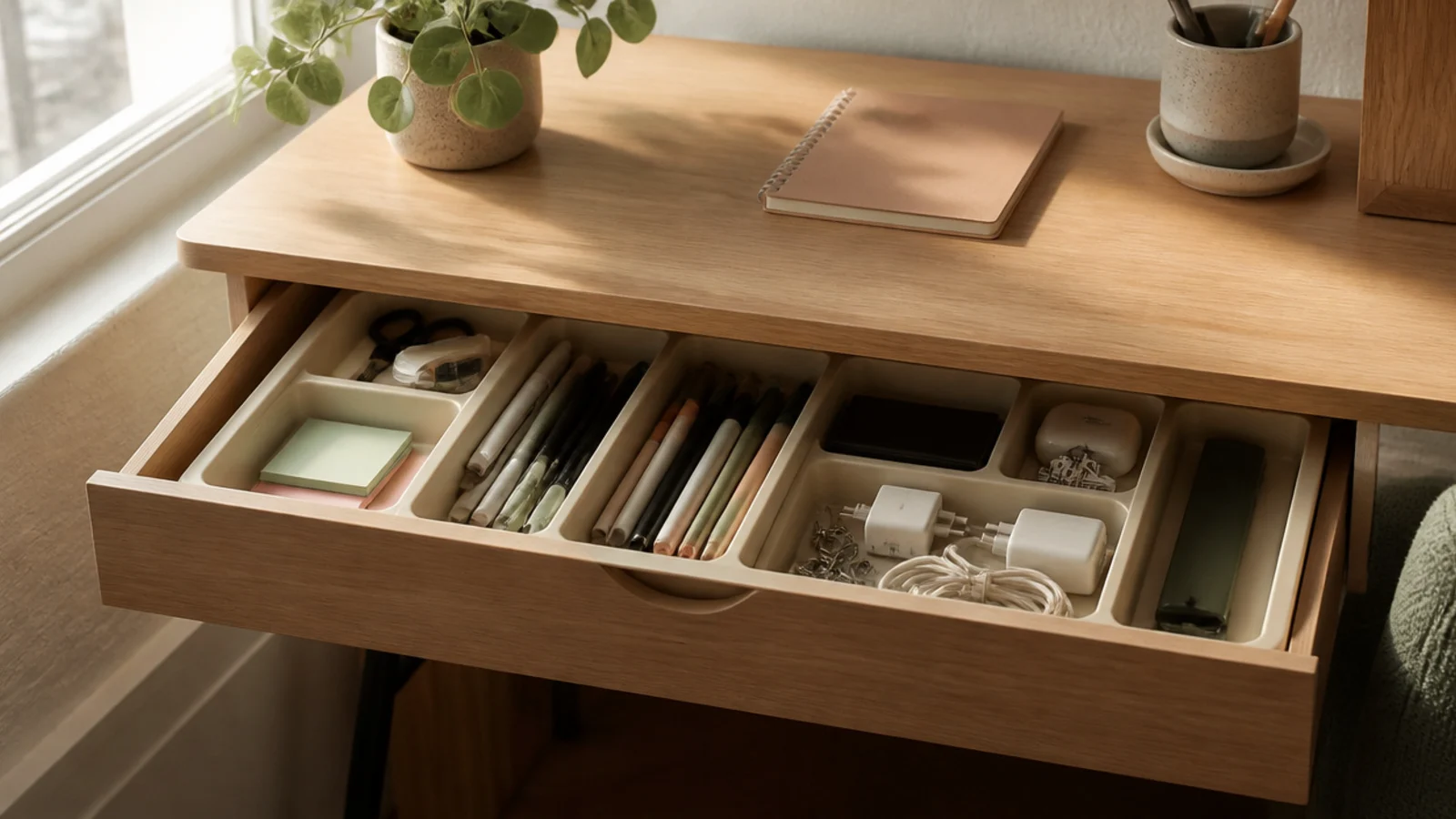 A dorm desk drawer split into sections with dividers, holding pens, chargers, and supplies neatly sorted.