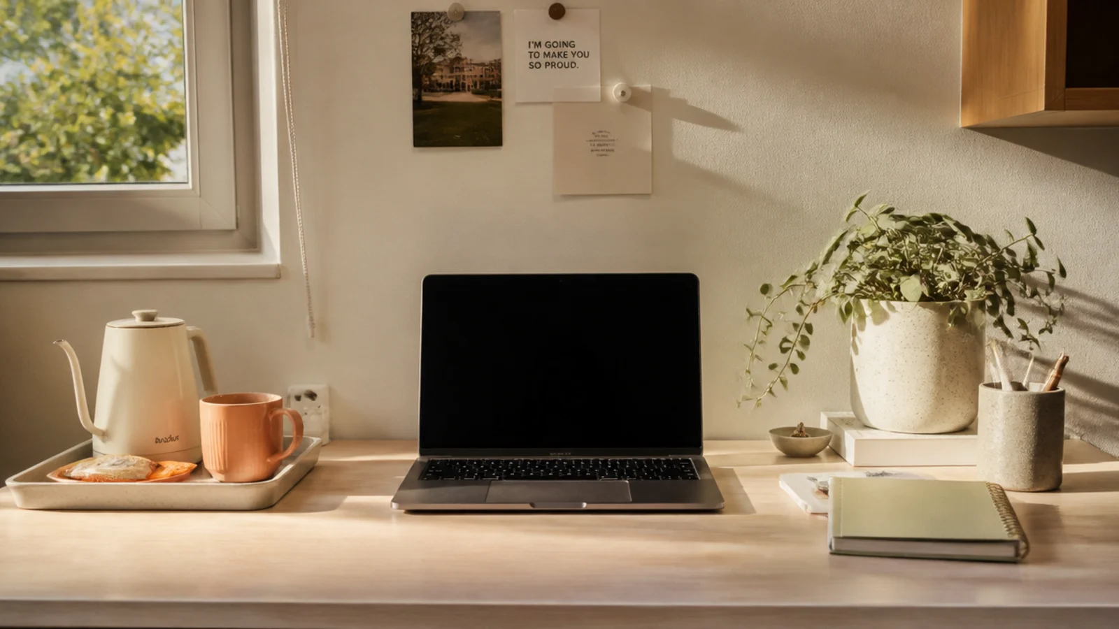 A small tray in the corner of a dorm desk holding a mug, a kettle, and a few snacks, kept away from the laptop.