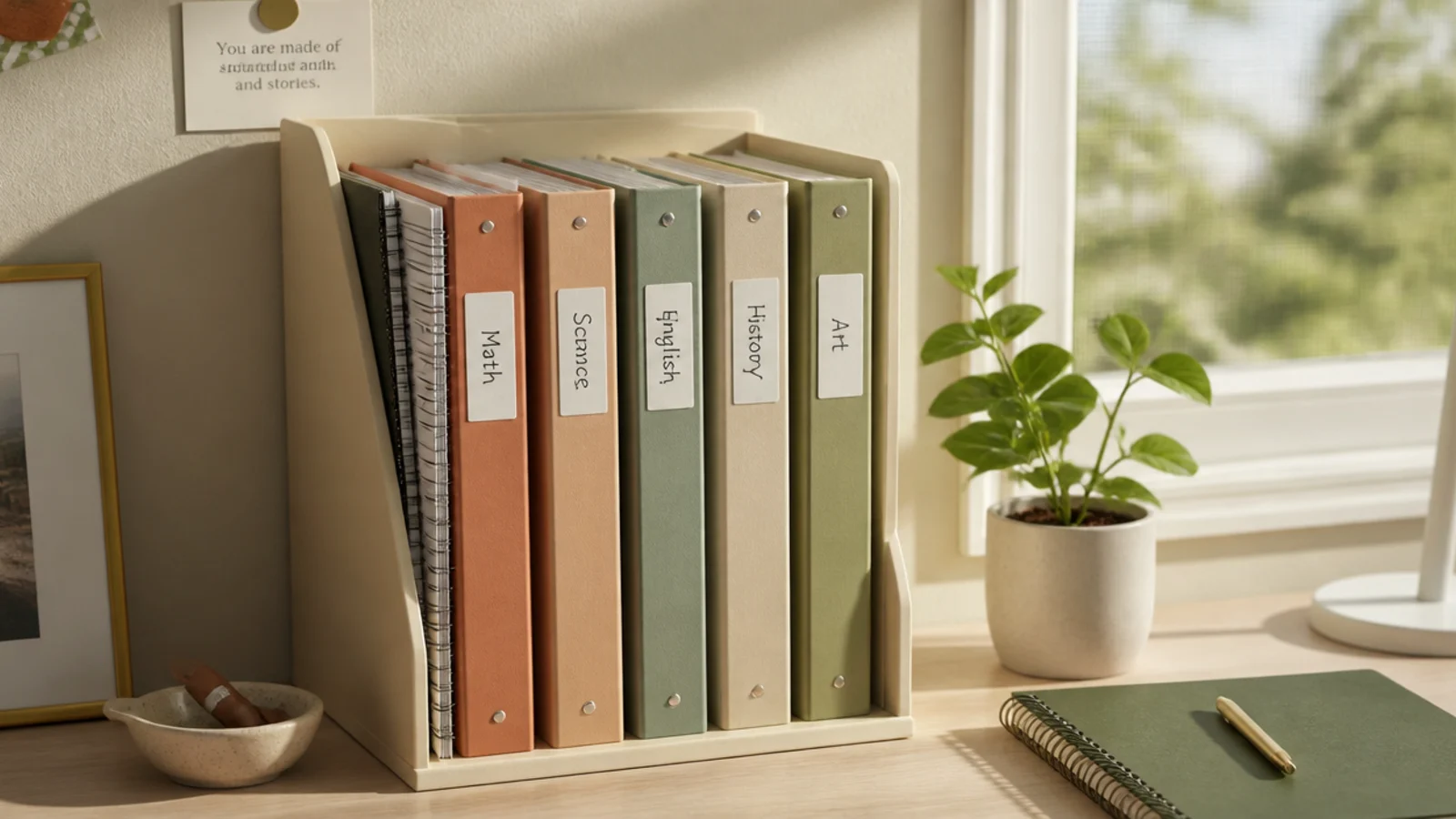 A vertical file holder on a dorm desk standing binders and folders upright, one per class, color-coded.