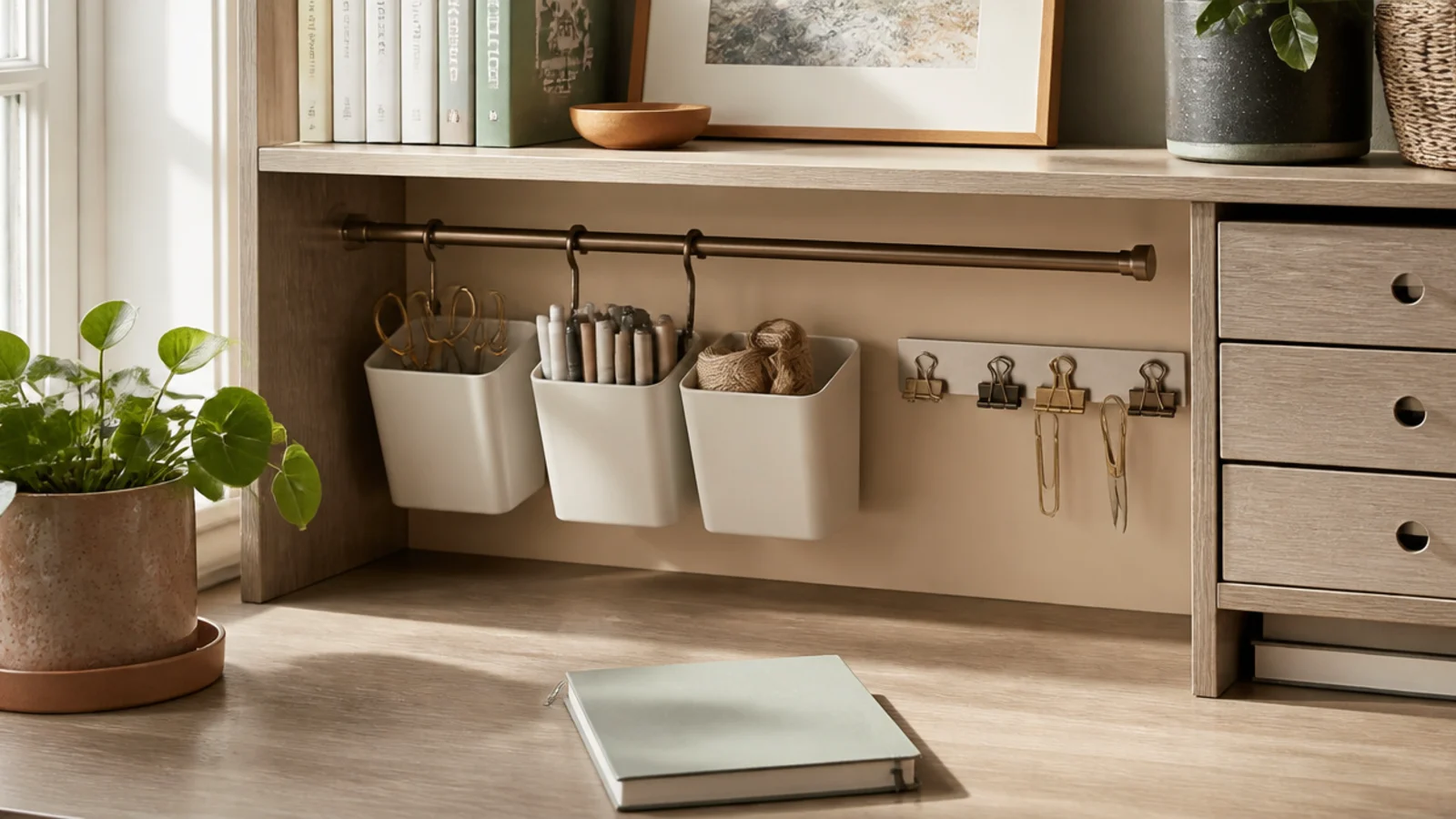 A tension rod fitted in a desk cubby hung with small caddies, plus a magnetic strip holding metal supplies.