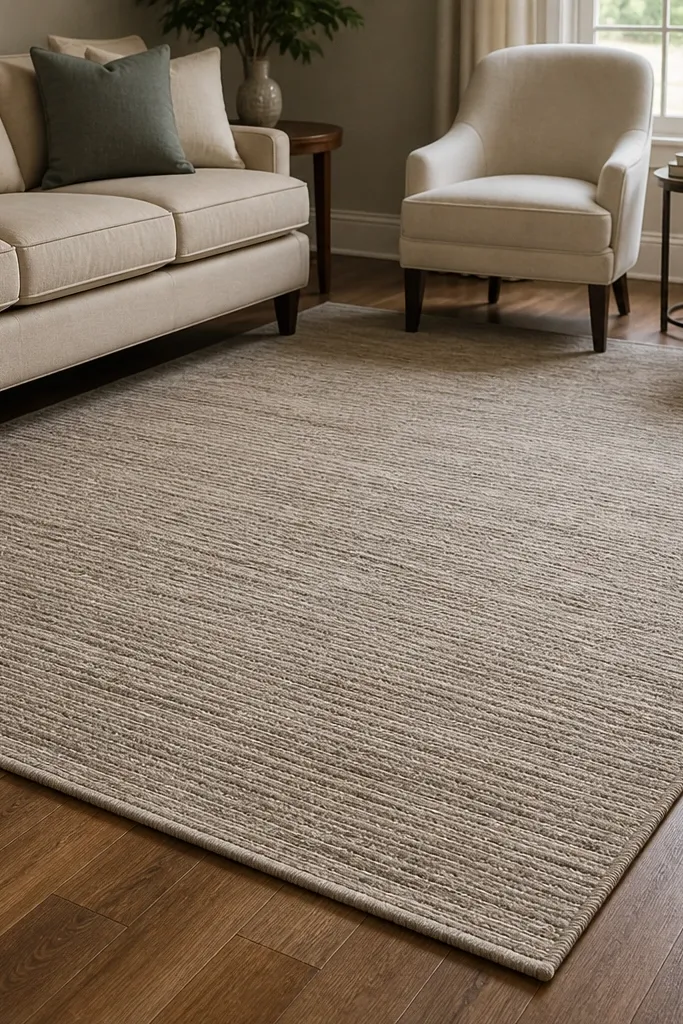 Large beige rug under a sofa with front legs on it
