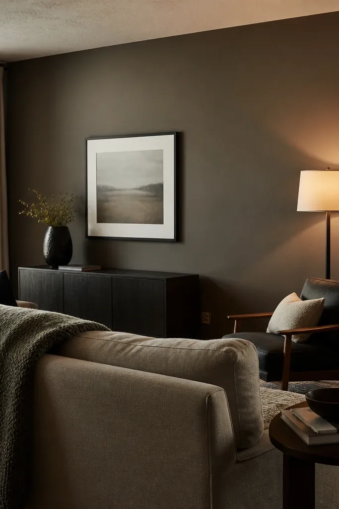 Matte deep taupe accent wall behind a sofa with soft light