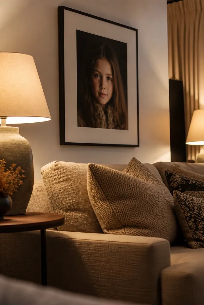 Floor lamp with warm light beside a sofa and side table