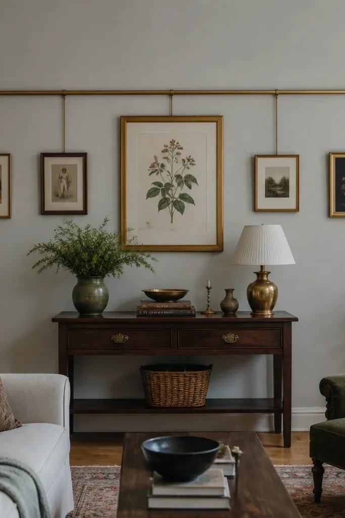 Artwork hung in a straight line with consistent spacing