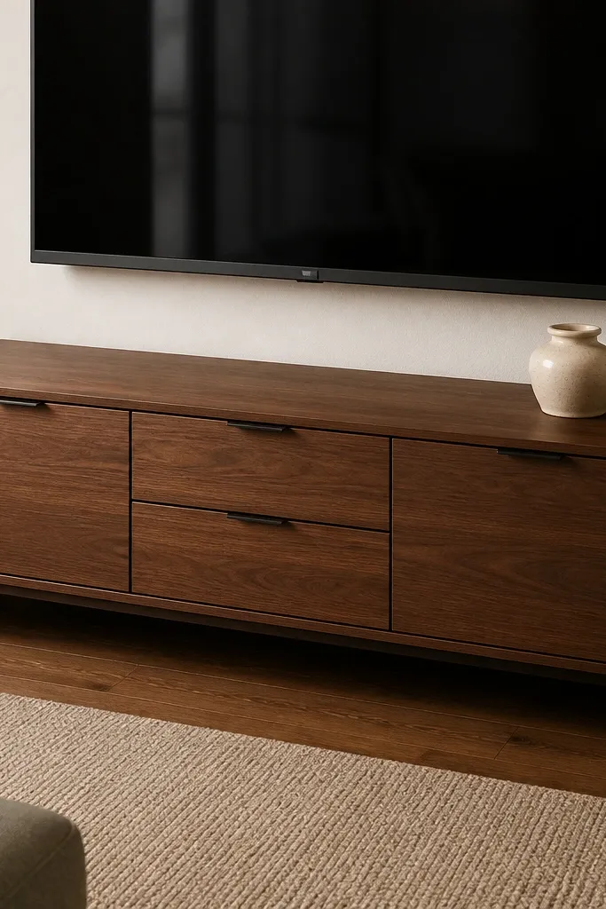 Low media console with doors and hidden cables behind it