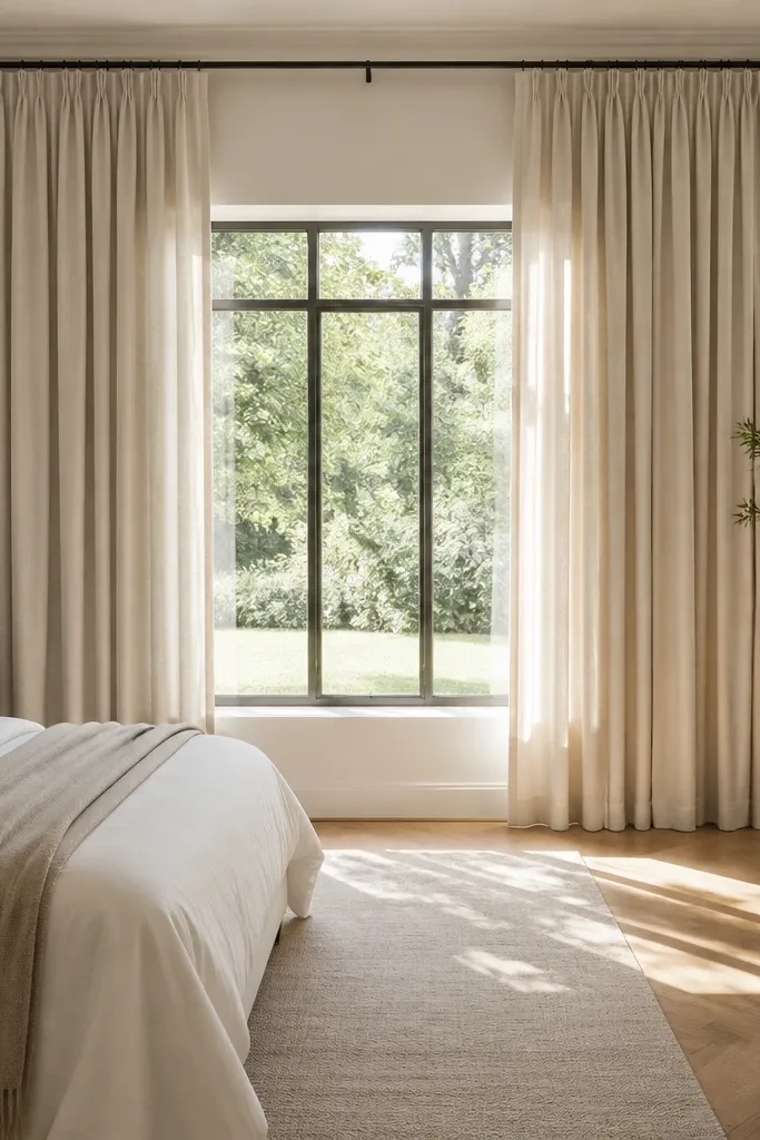 Floor-length curtains with wide panels framing a window