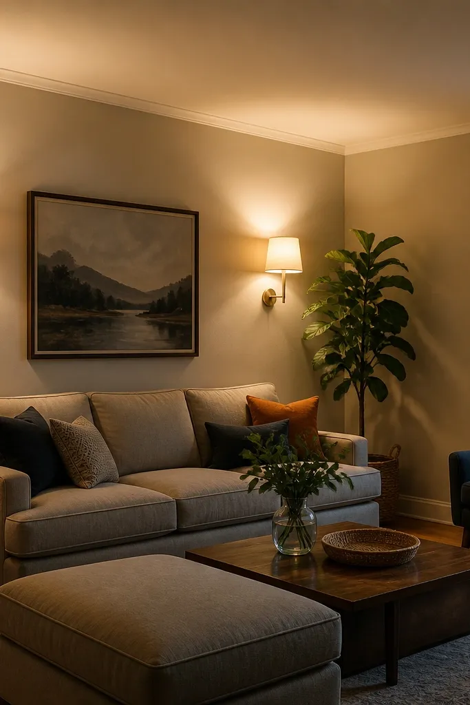 Two warm wall sconces lighting a seating area
