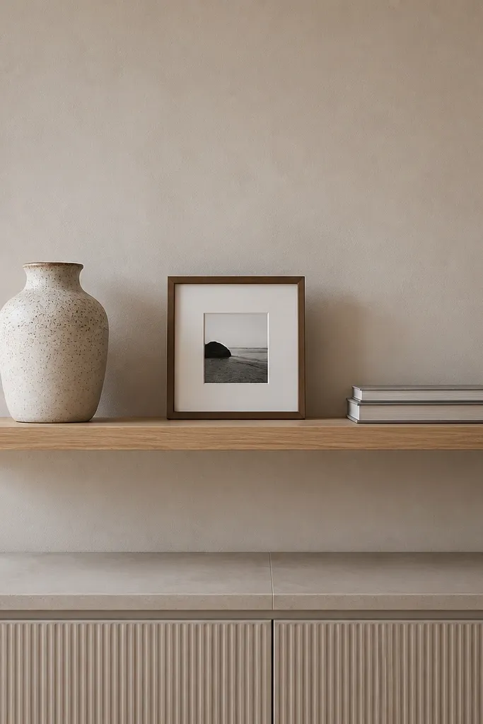 Single floating shelf with a few books and one ceramic vase