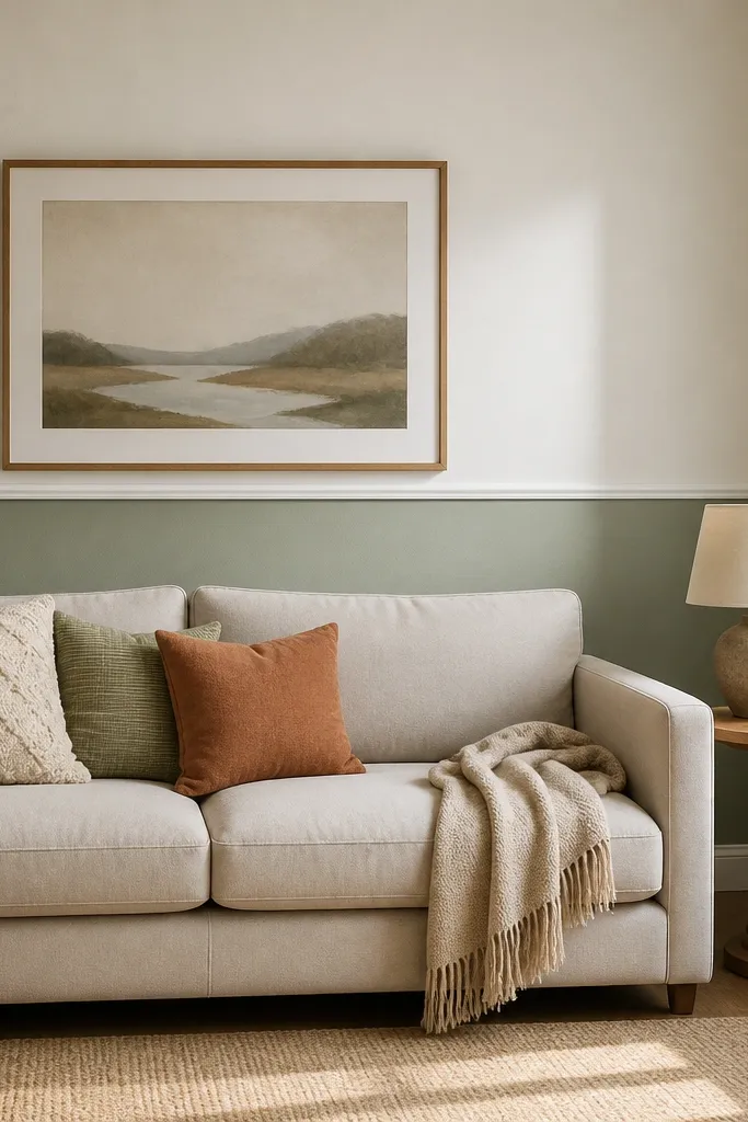Two-tone wall with a chair rail line at mid height