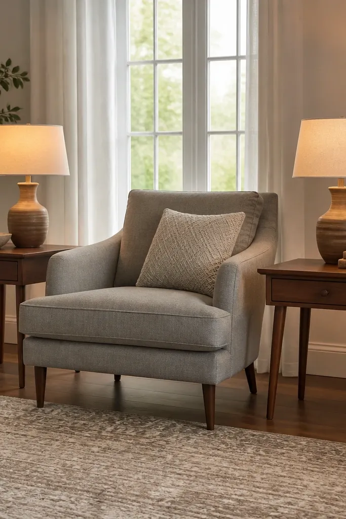 Two matching side tables with updated finish beside a sofa