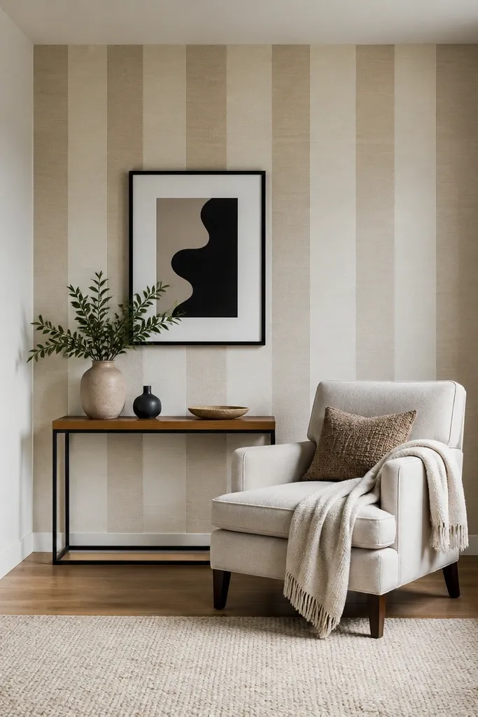 Small focal area with removable patterned wallpaper behind a chair