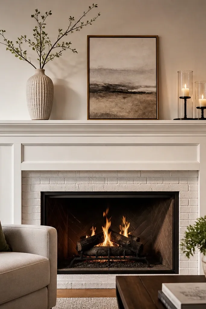 Freshly painted mantel with a simple framed and candle group