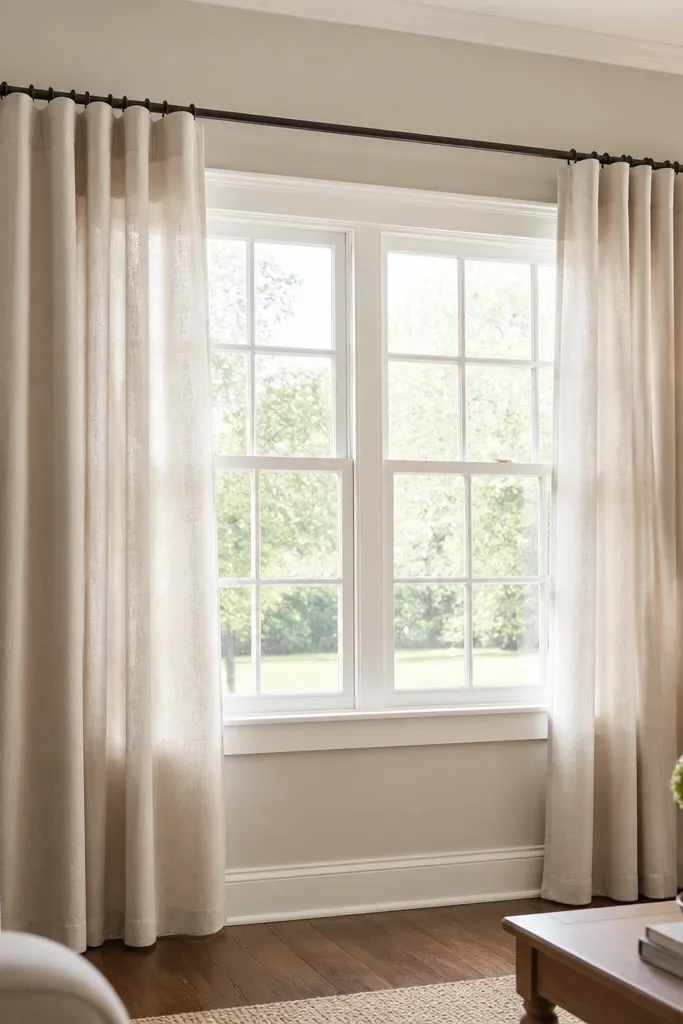 Two matching curtain panels on one rod over a window