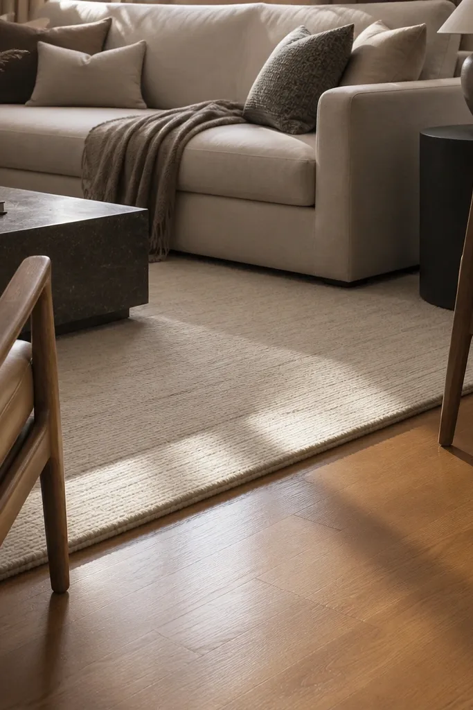 Small patterned rug under coffee table with sofa legs hanging off