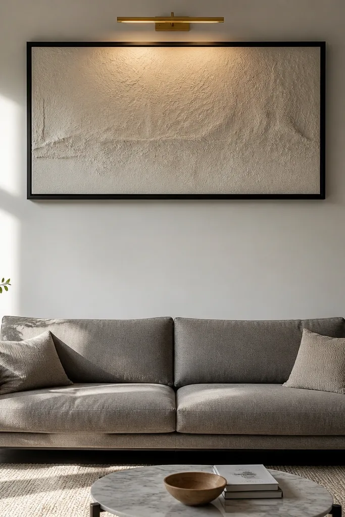 Large framed artwork hung high above sofa leaving big empty space