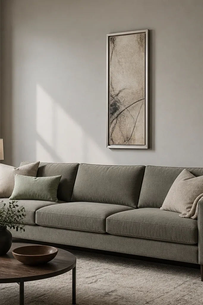 Narrow picture frame centered over wide sofa with lots of wall showing