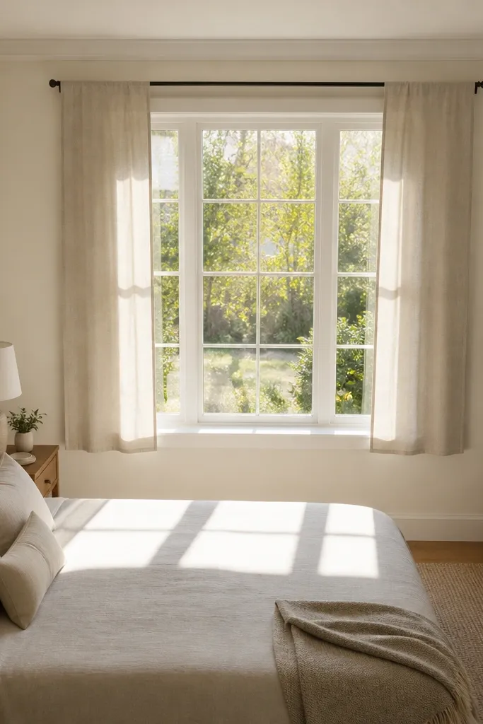 Curtains pulled tight to window sides with little fabric pooling