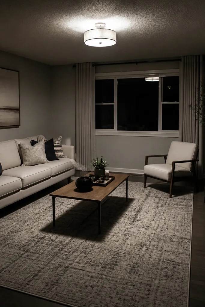 Single overhead light with harsh shadows on sofa and wall