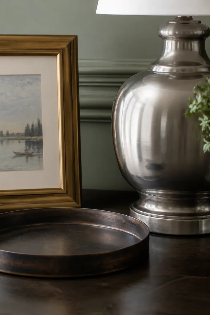 Mix of gold and silver frames, lamp bases, and hardware in one room