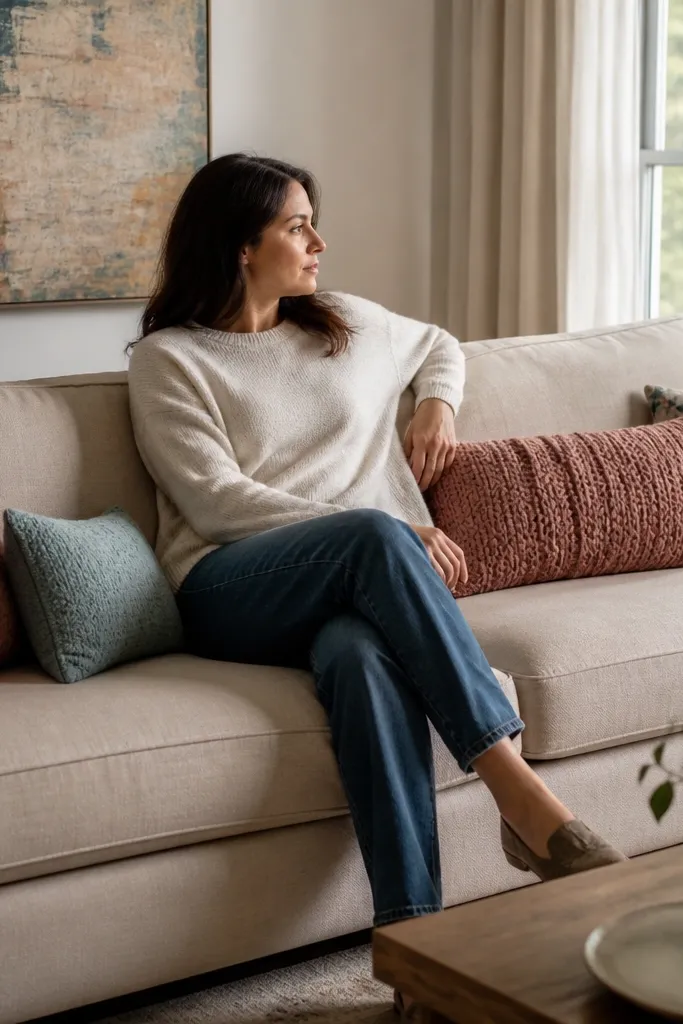Tiny decorative pillows piled on a large sofa with uneven spacing