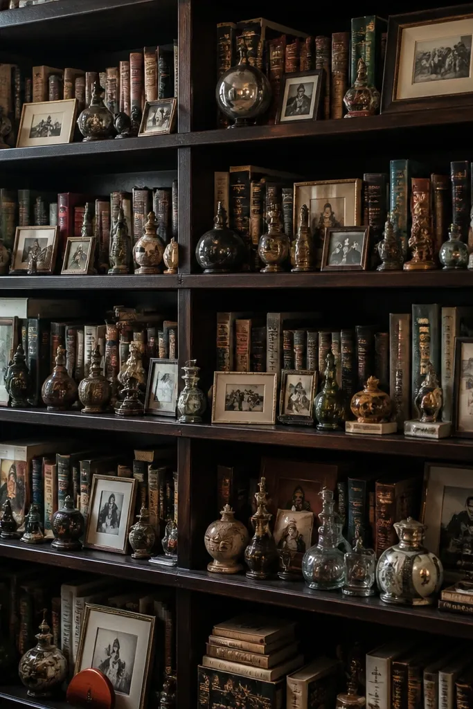 Bookshelf packed with mismatched small decor and no spacing