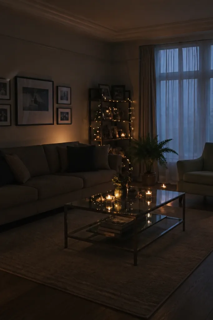 Several tiny table lamps and candles with uneven brightness