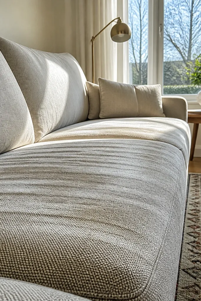 Light sofa showing streaks and uneven shading under window light