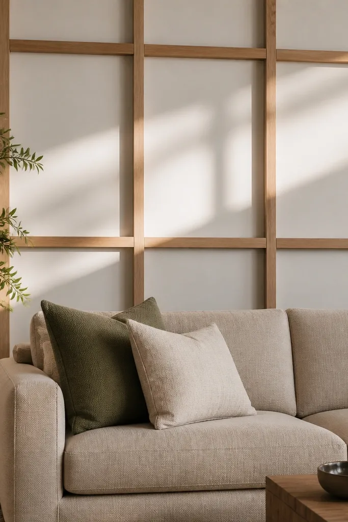 Off-white wall with a square wooden batten grid in warm beige