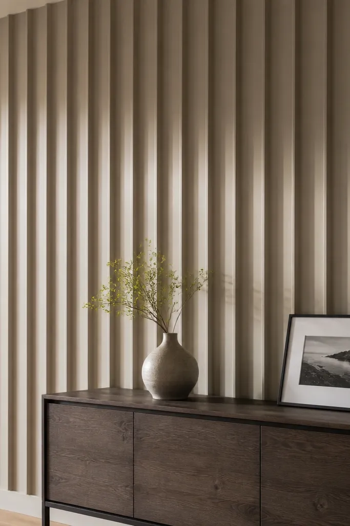 Matte painted wall with vertical fluted panels and deep shadow lines
