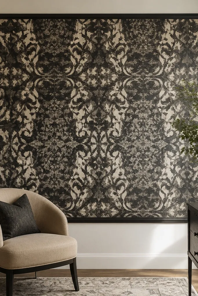 Wall with a botanical wallpaper center panel bordered by flat painted trim