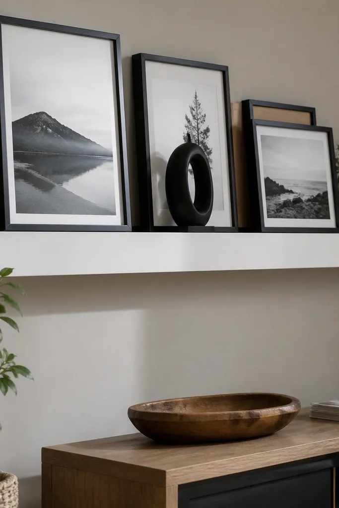 Wall with a long picture ledge holding layered frames in black and wood tones
