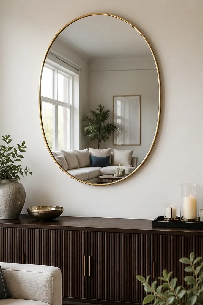 Large rectangular mirror with a slim painted trim frame on a neutral wall