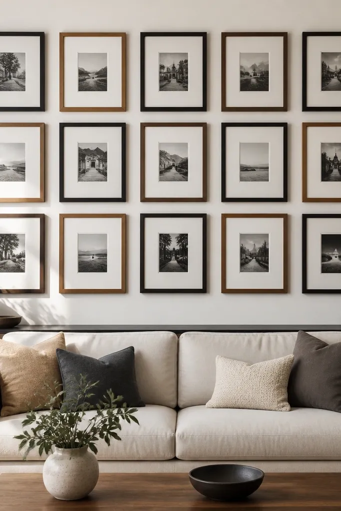 Tight gallery wall grid with matching cream mats and evenly spaced frames