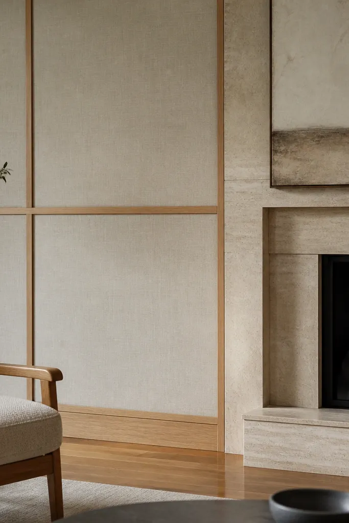 Textured fabric panels framed in light wood on a quiet neutral wall
